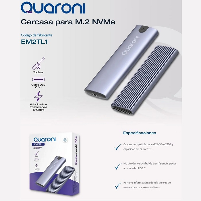 Gabinete Externo Quaroni EM2TL1 Para SSD M.2 NVMe USB-C 6 Gbit/s